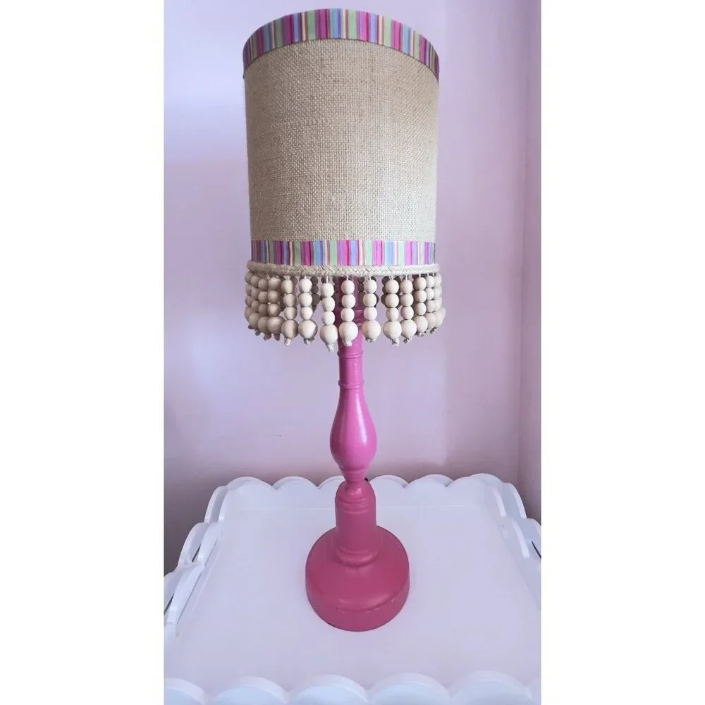 Custom Lamp Tall Burlap Shade Wood Beads Pink Unique Designer 25